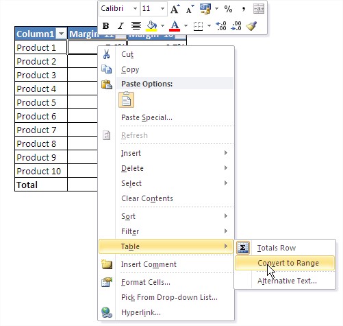 Excel tables convert to range