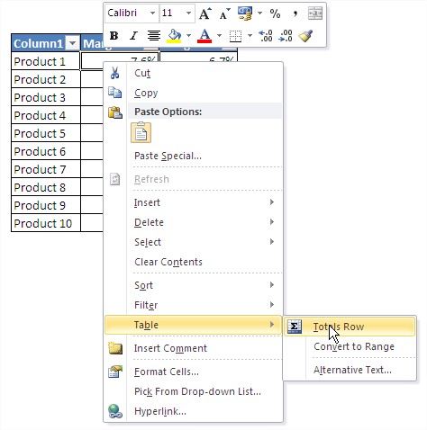 Excel tables right click totals row