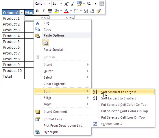 Excel tables sort smallest to largest