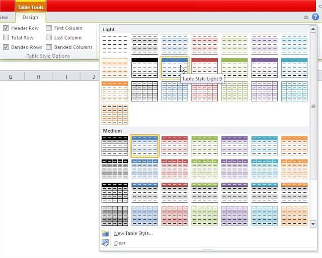 Excel tables table style change light style