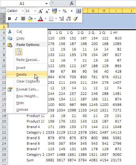 Excel format rows delete