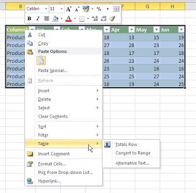 Excel format table right click menu table