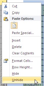 Excel format unhide rows