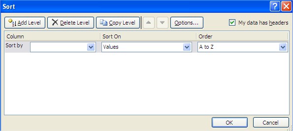 Excel Sort dialog box