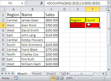 Excel database functions dcounta