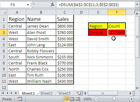 Excel database functions dsum