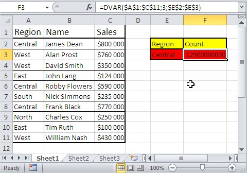 Excel database functions dvar