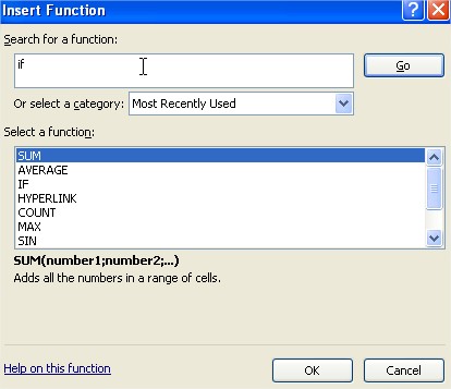 Excel functions Insert Function dialog box