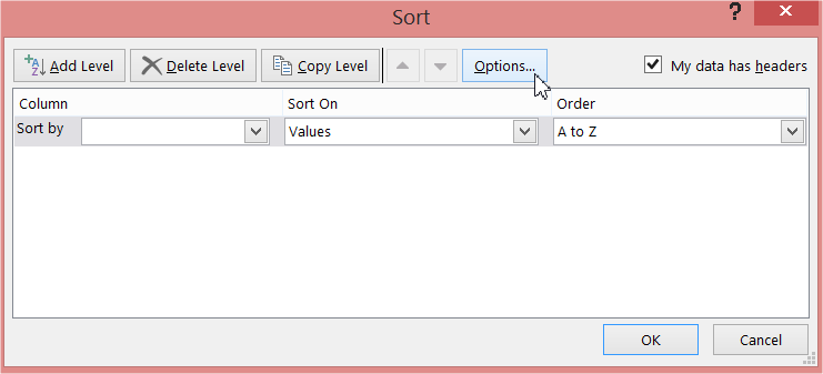 Excel Sort dialog window