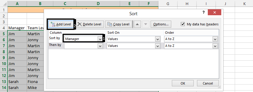 Excel sorting add level