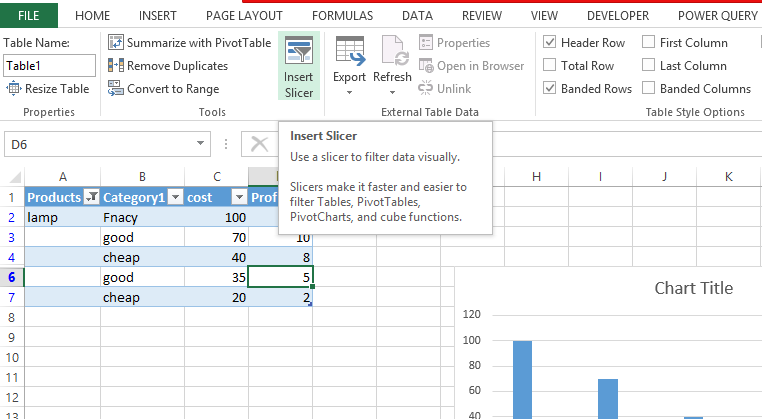 chart with filtered data table insert slicer