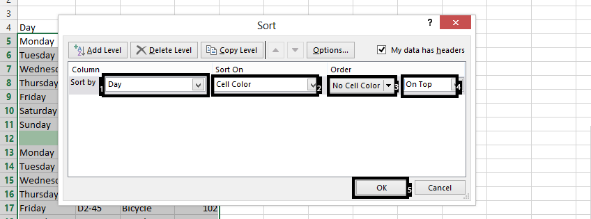 Excel sorting no cell color
