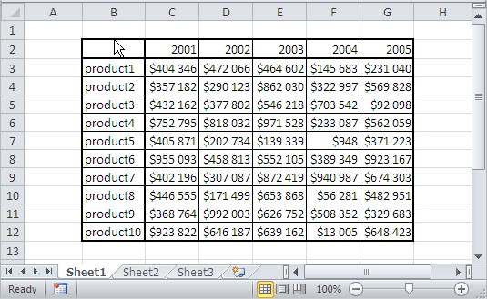 Excel sample table