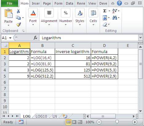 Excel logarithms