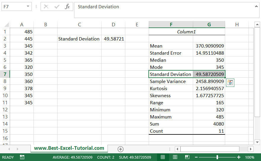 Standard Deviation Analysis Toolpak addin calculated