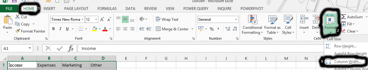 Convert Word to Excel column width ribbon