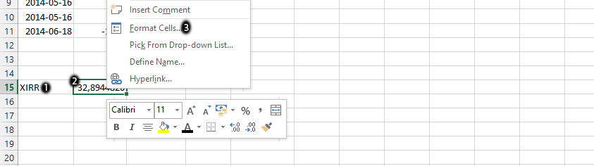 format cells of xirr