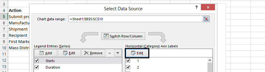 Timeline Chart select data source edit