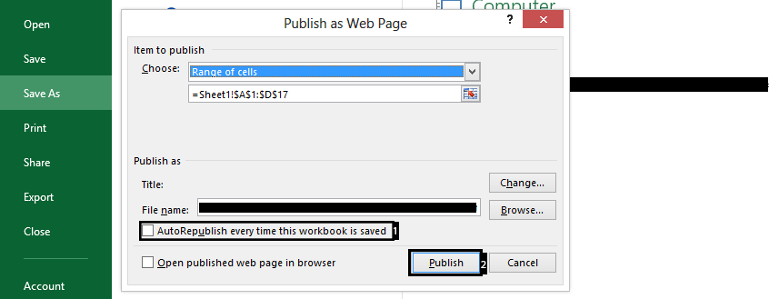 export Excel as HTML publish as webpage