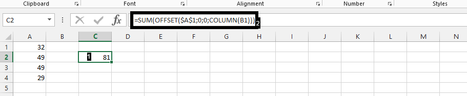 sum offset column to increment row