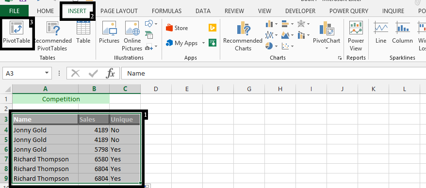 insert pivot table yes no