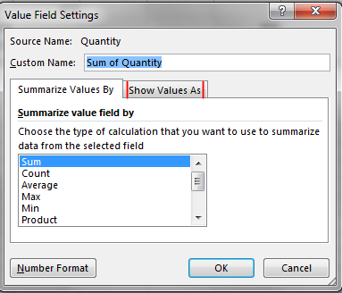 Pivot Table Show values as