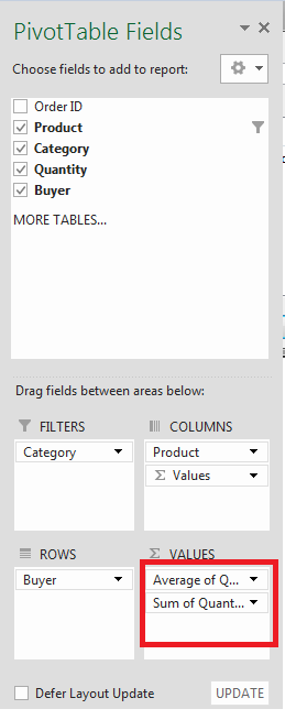 drag to value pivot table