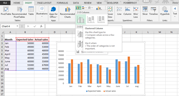 ribbon insert column chart