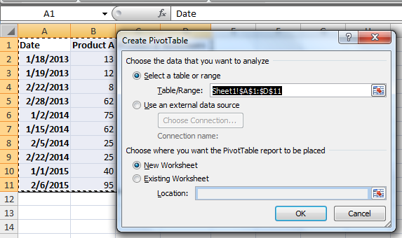 dialog box create pivot