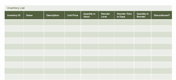 Excel inventory list