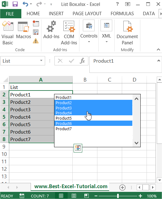 List Box inserted to worksheet