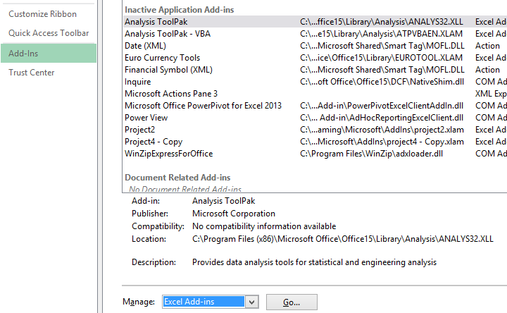 import xlam Analysis Toolpak go