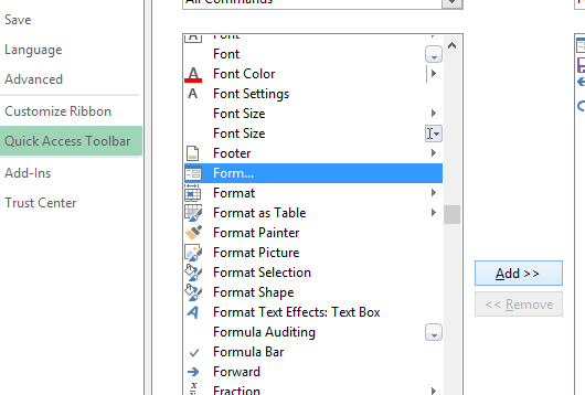 data entry form add it to the toolbar