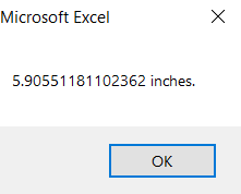 Excel amount of inches converted from cm msgbox