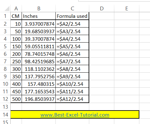 cm to inches conversion in Excel