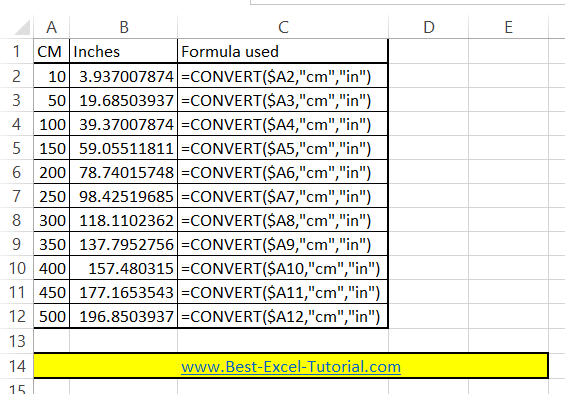 cm to inches convert how in Excel