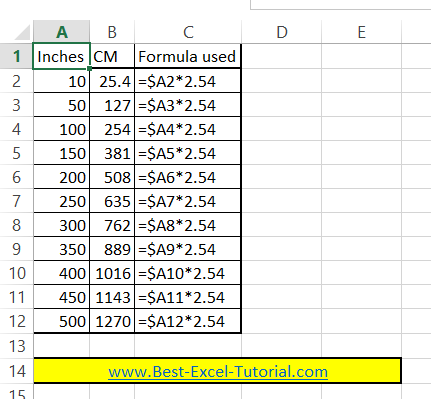 convert inches to cm in Excel