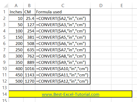 Excel inches to cm convert