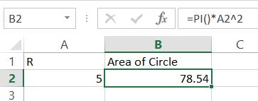 pi in Excel area of circle pi