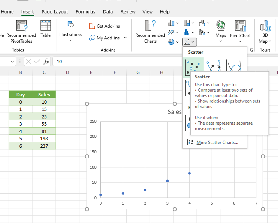 insert exponential scatter chart